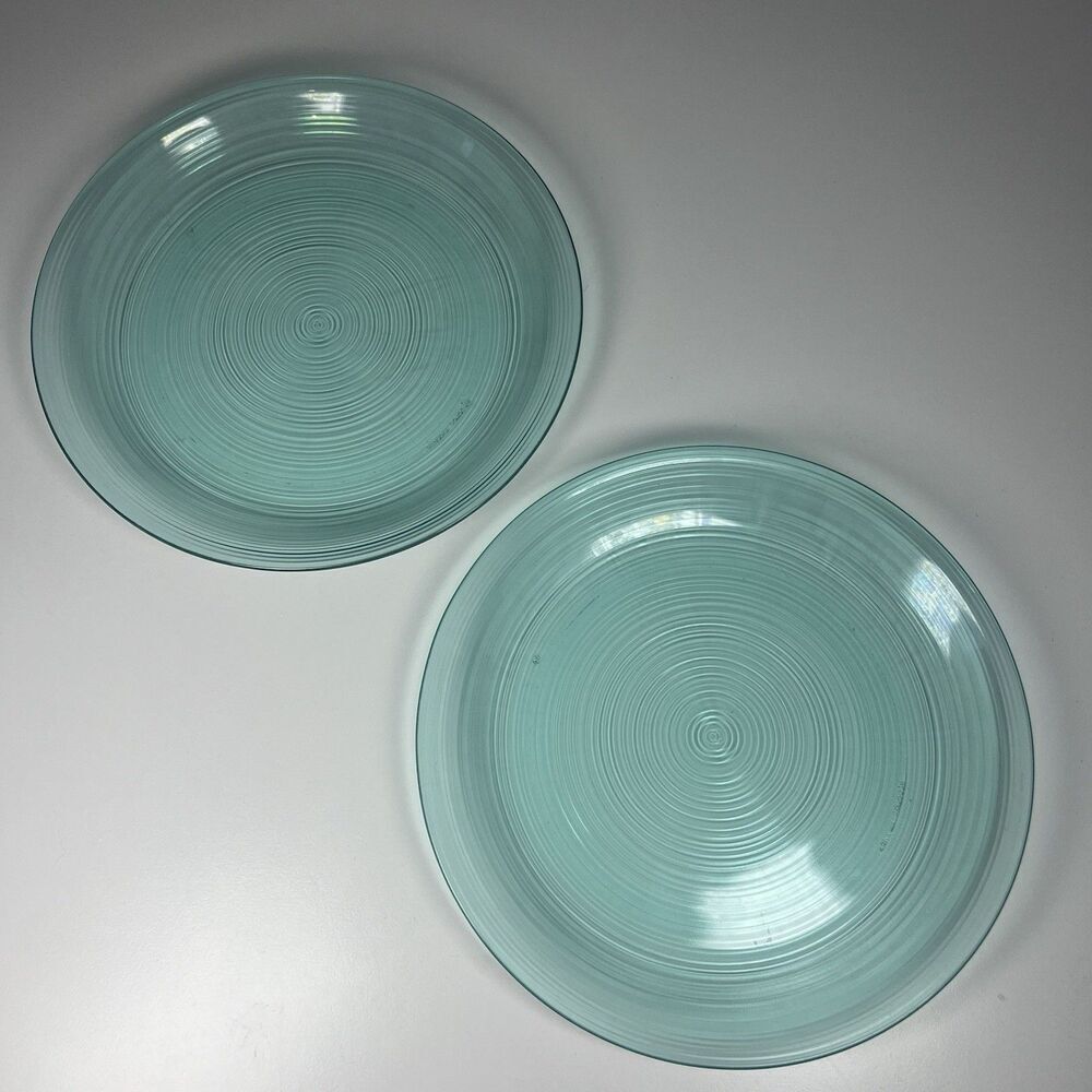 2 Count Vintage Arcoroc France Jardiniere Dinner Plates 9 1/4” Turquoise Ribbed